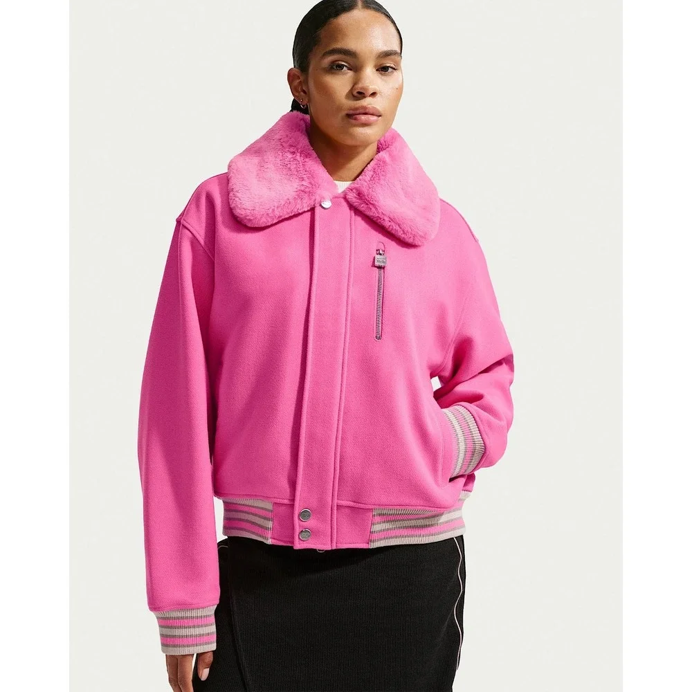 Womens Sz L Nike Naomi Osaka Faux Fur Collar Varsity Wool Jacket Pink HV2058-675